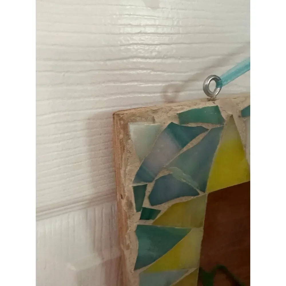 2 Vintage MOSAIC MIRRORS swell colors handmade bohemian green yellow 16x8”,8x6”